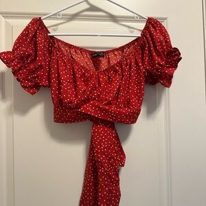 SHEIN Red and White Puff Sleeve Crop Top with Criss Cross Tie